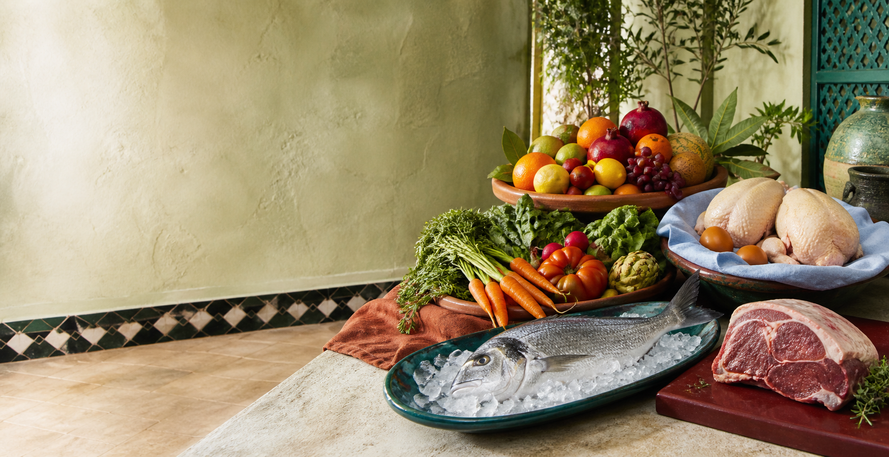 Composition de fruits et légumes, poisson, volaille et viande rouge dans un décor marocain lumineux